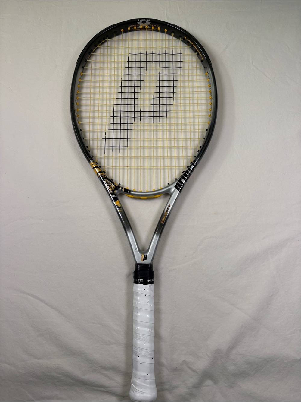 Vintage Prince Silver Tennis Racket with Yellow Accents
